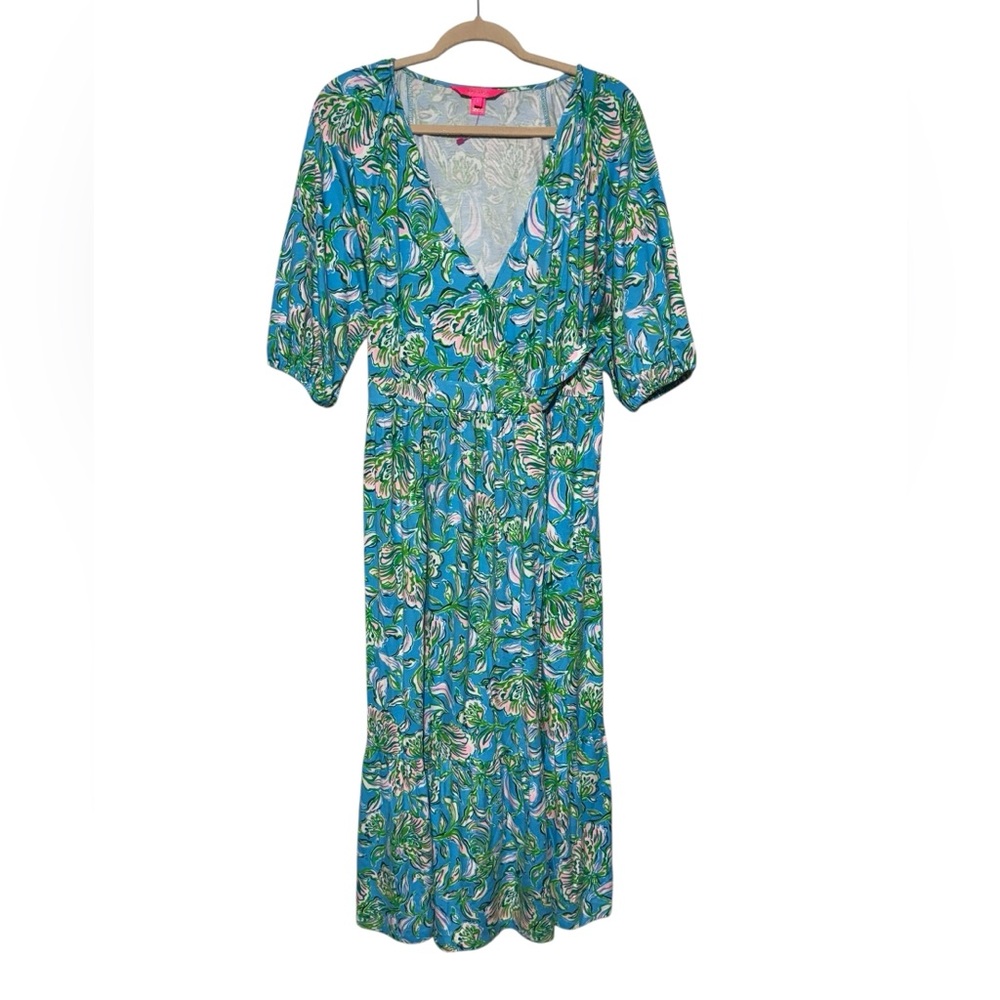 Lily Pulitzer NWOT Brantley Midi Wrap Dress Chick Magnet Print 100% Cotton Large